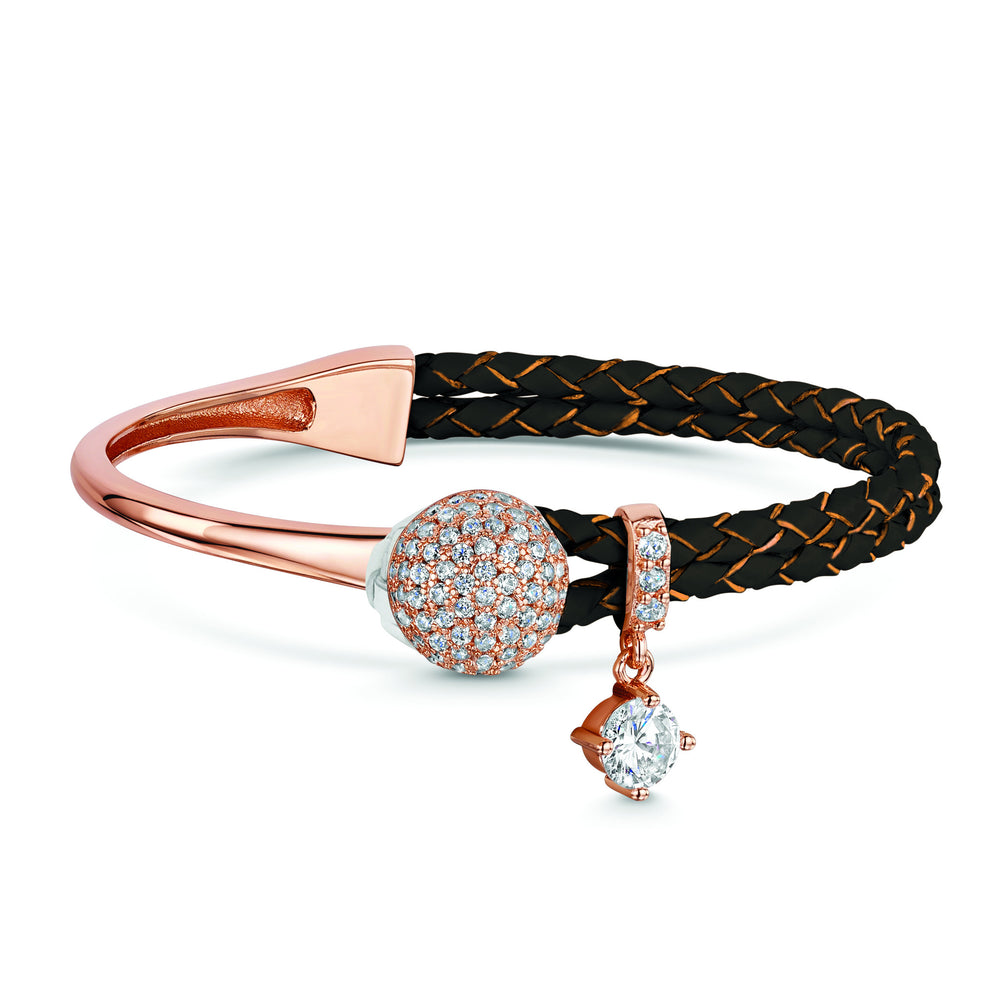 leather bracelet with pave and solitaire rose gold brown