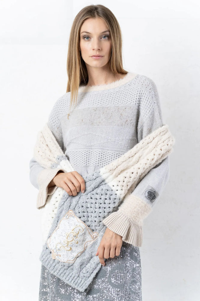 Elisa Cavaletti Grey and beige sweater with braids