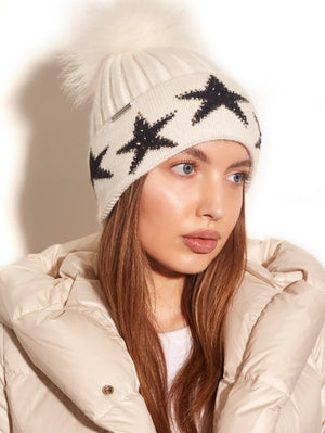 STAR EMBELLISHED POM POM HAT Angora and Cashmere, detachable fur Pom Pom