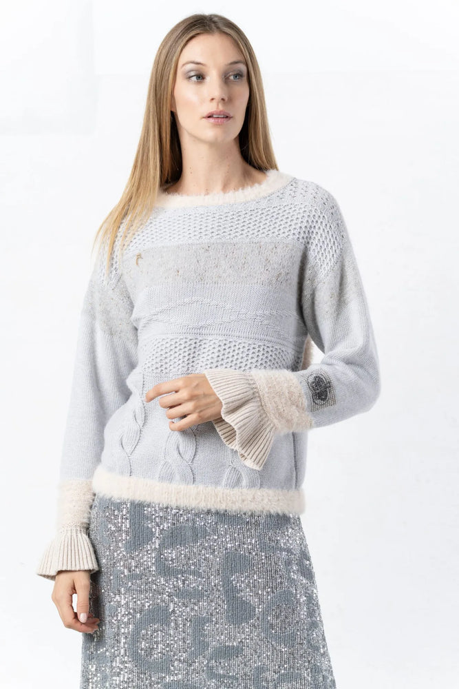 Elisa Cavaletti Grey and beige sweater with braids