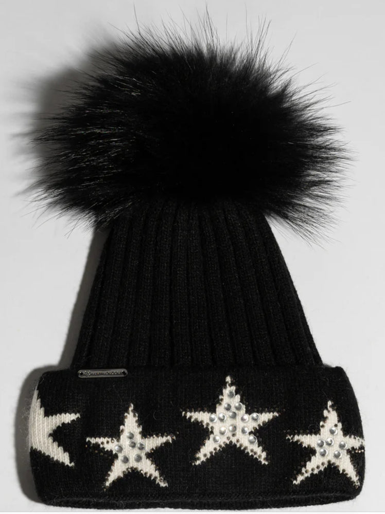 STAR EMBELLISHED POM POM HAT Angora and Cashmere, detachable fur Pom Pom