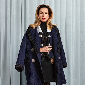 EDWARD ACHOUR OVERSIZED BOUCLE CABAN NAVY AND BLACK TRIM