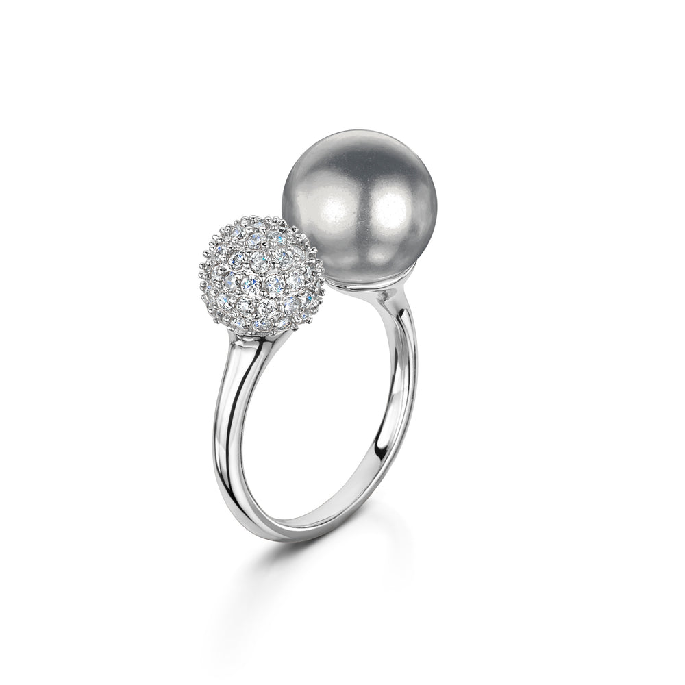 pearl and pave adjustable ring rhodium